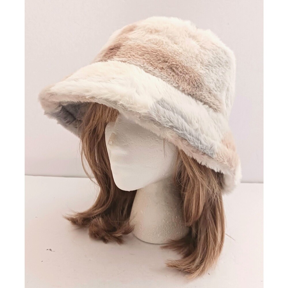 NEW Faux Fur Bucket Hat Light Gray Tan Cream Patchwork O/S - Picture 1 of 9